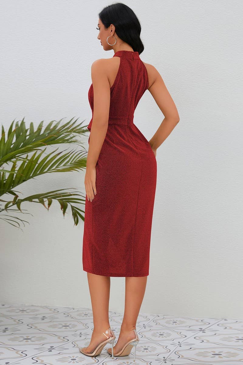 CWDMD1476_STANDING COLLAR SLEEVELESS SLIM FIT DRESS