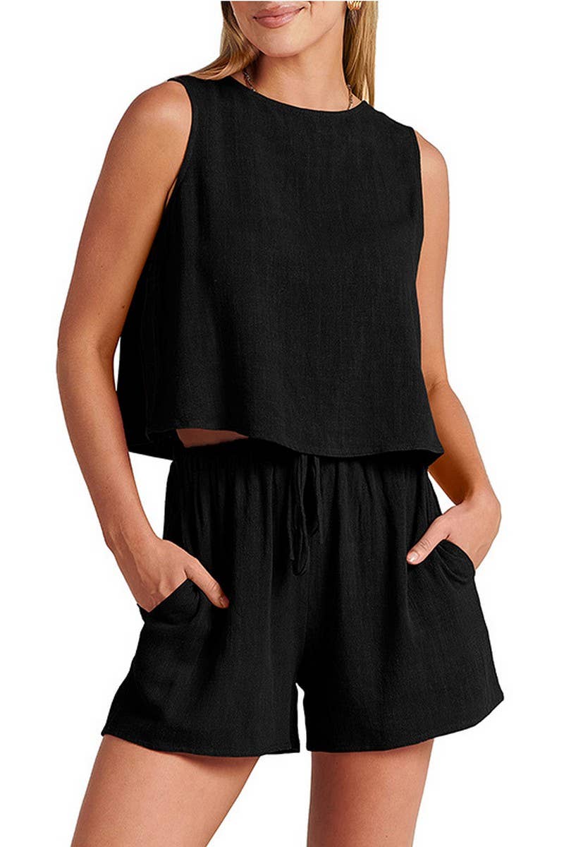 CWSTB1594_SOLID COLOR SLEEVELESS TOP SHORTS TWO PIECE SET