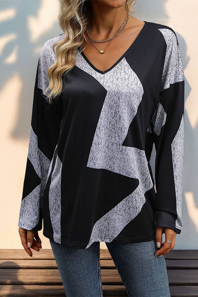 CWTHT0157_NEW LONG-SLEEVED CASUAL LOOSE COLOR-BLOCKED TOP