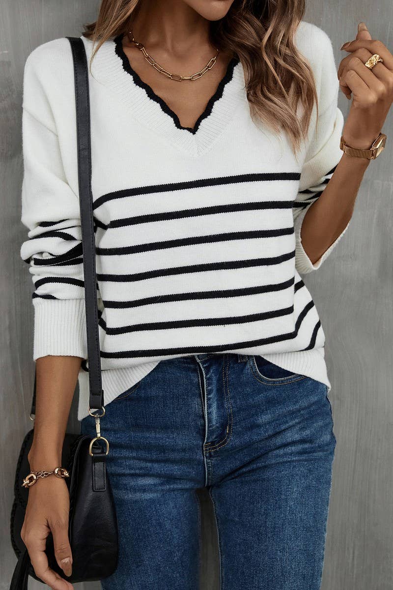 CWOSWL1706_V-neck Long Sleeve Striped Pullover Sweater