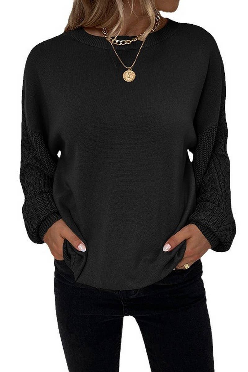 CWOSWL2945_SOLID COLOR CREW NECK CABLE KNIT SWEATER