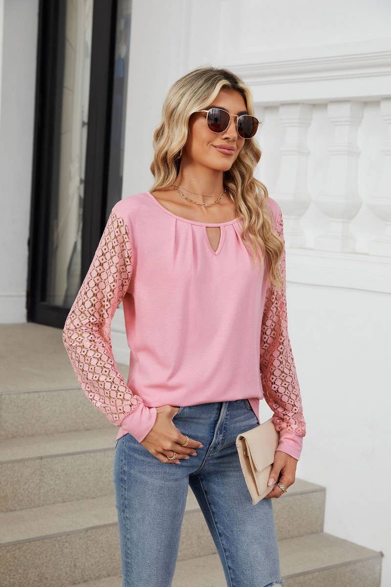 CWTBLL1847_ROUND NECK HOLLOW LACE LONG SLEEVE CASUAL TOP