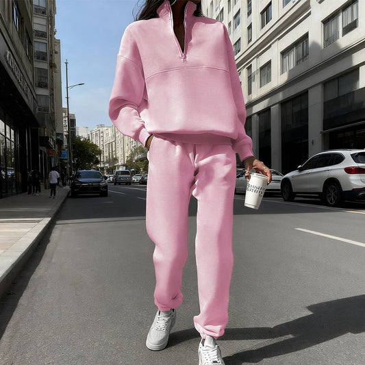 Fashion zipper lapel solid color two-piece set