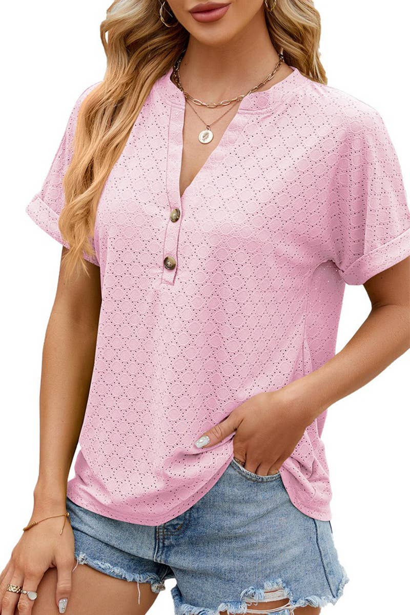 CWTTS1349_SUMMER NEW V-NECK BUTTON SHORT-SLEEVED T-SHIRT