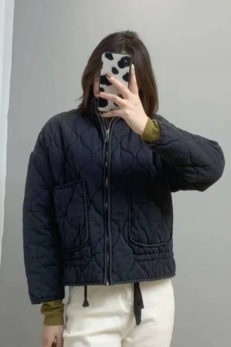 CWOCO1078_STAND COLLAR LARGE POCKET QUILTED COTTON COAT