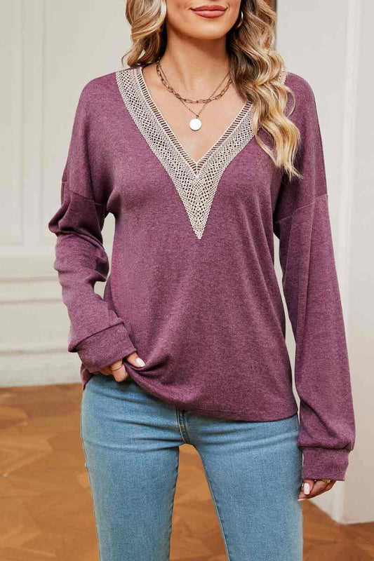 CWTBLL2842_AUTUMN LOOSE LACE V-NECK LONG SLEEVE TOP