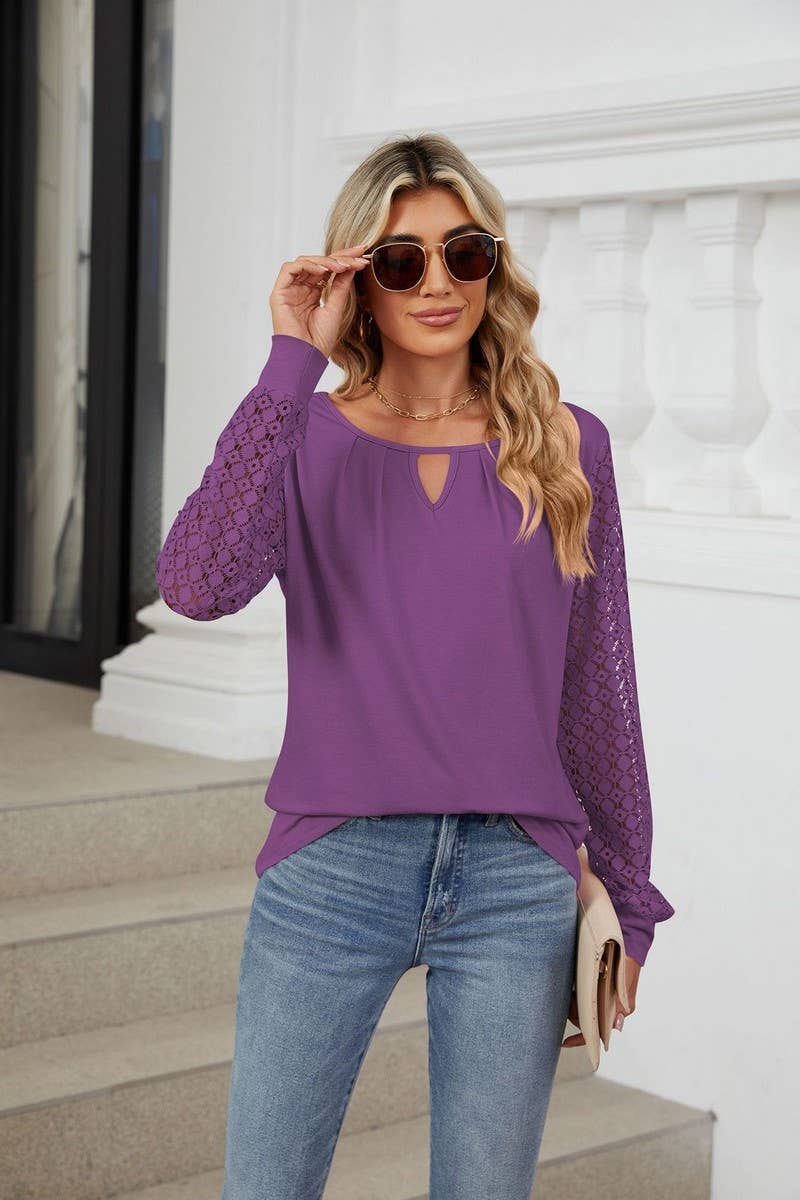 CWTBLL1847_ROUND NECK HOLLOW LACE LONG SLEEVE CASUAL TOP