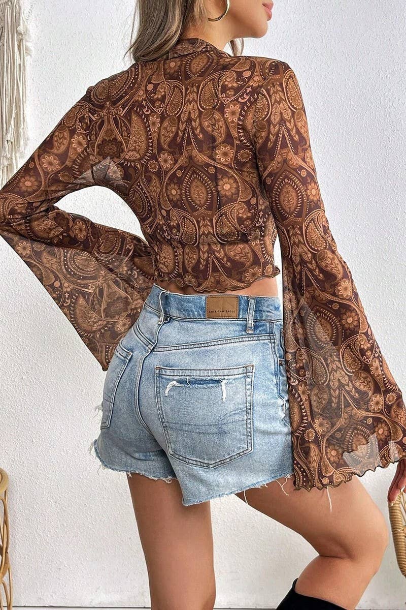 CWTBLL3925_MESH PRINT BELL SLEEVE LONG SLEEVE CREW NECK TOP