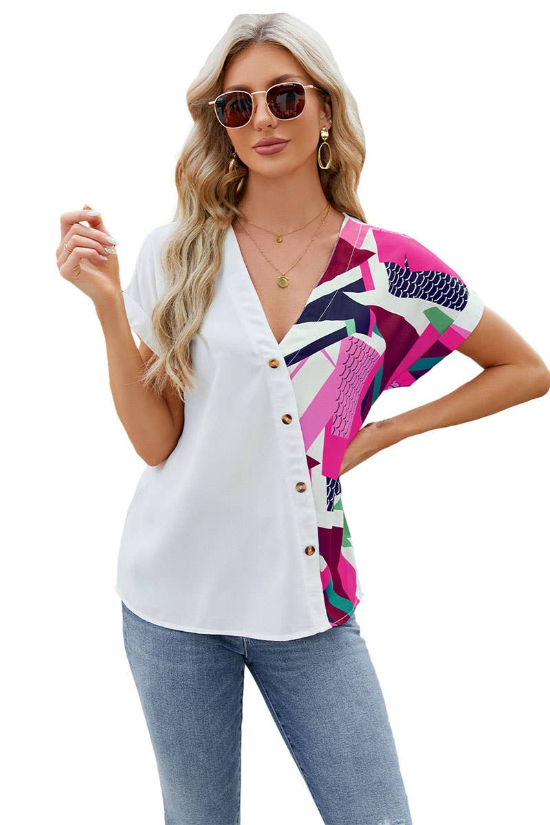 CWTBLS0297_V-Neck Button Detailed Shirt Sleeve Top