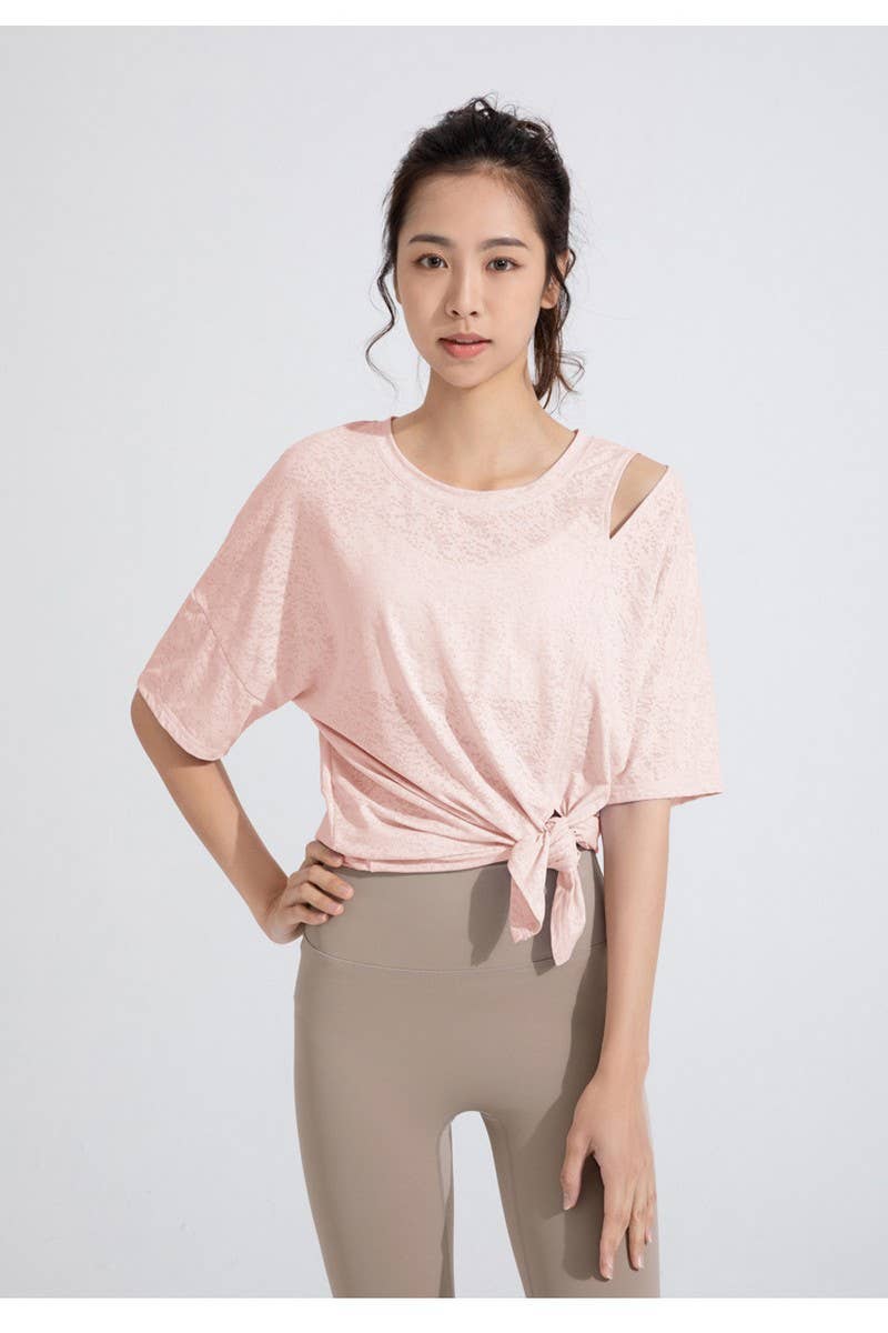 CWTBLS1470_JACQUARD CUTOUT SHORT SLEEVE RUNNING TOP