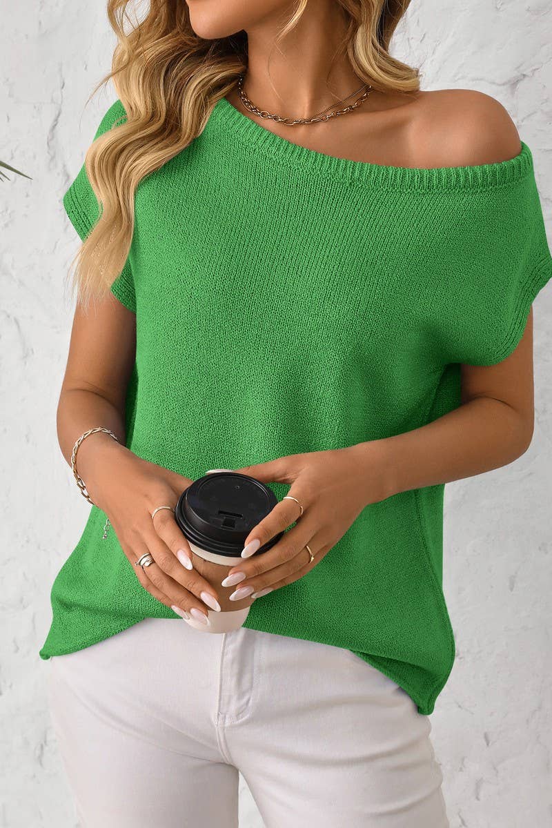 CWOSWS0129_SOLID COLOR KNITTED SHORT-SLEEVED PULLOVER TOP