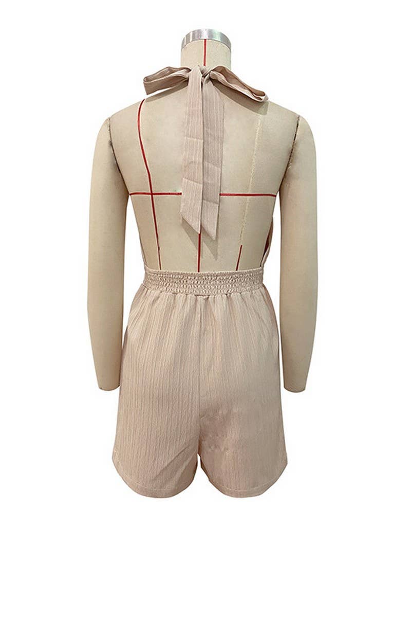 CWSJS0630_ HALTER NECK SOLID COLOR SHORTS JUMPSUIT