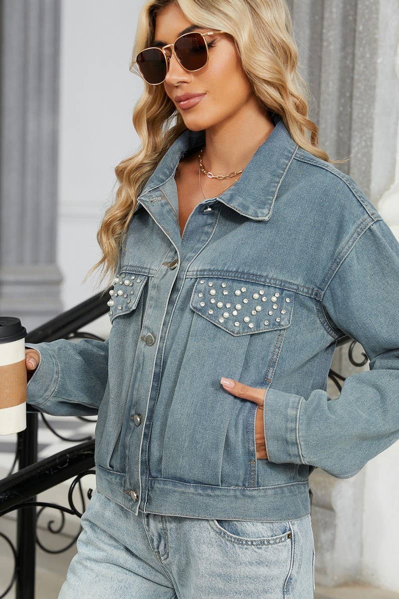 CWJJ00099_WASHED VINTAGE DIAMOND-STUDDED DENIM JACKET
