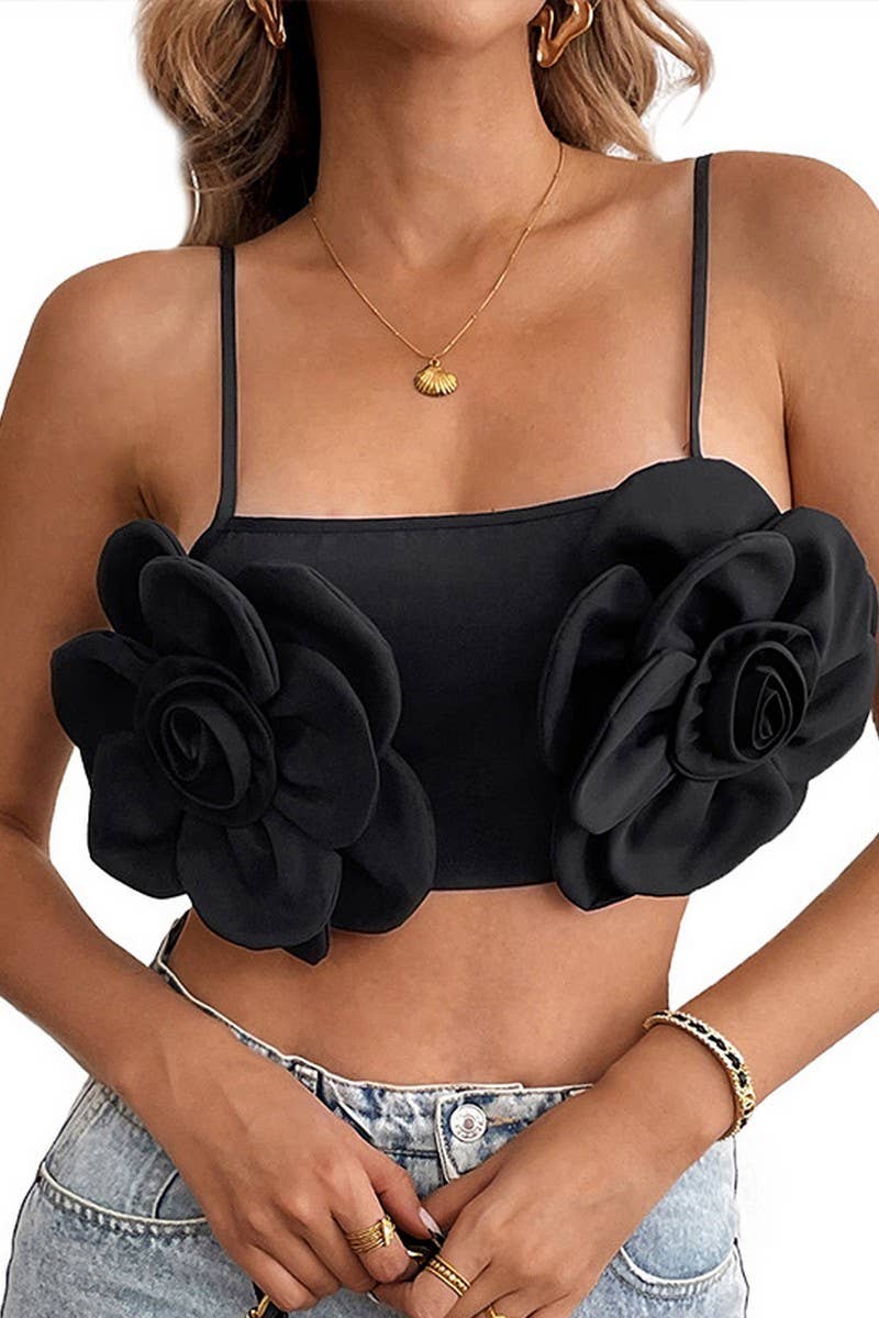 CWTTK0714_SEXY 3D FLOWER BLACK SHORT CAMISOLE