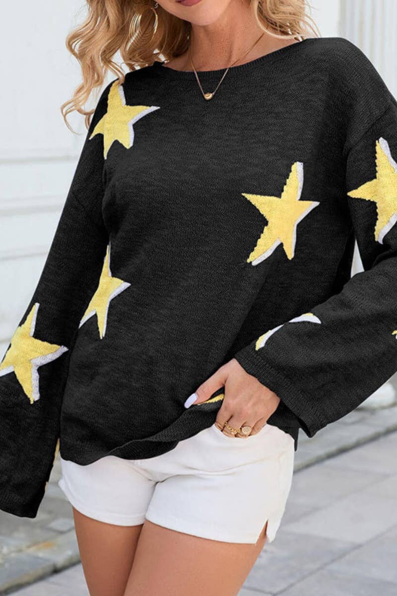 CWOSWL5205_FALL CREW NECK KNITTED STAR LONG SLEEVE SWEATER