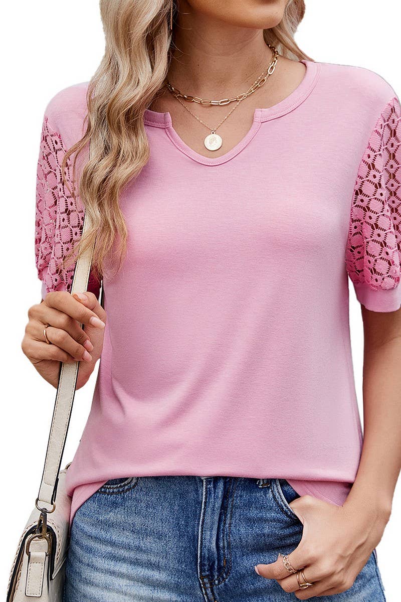 CWTTS1327_V-NECK LACE PANEL SHORT-SLEEVED LOOSE T-SHIRT