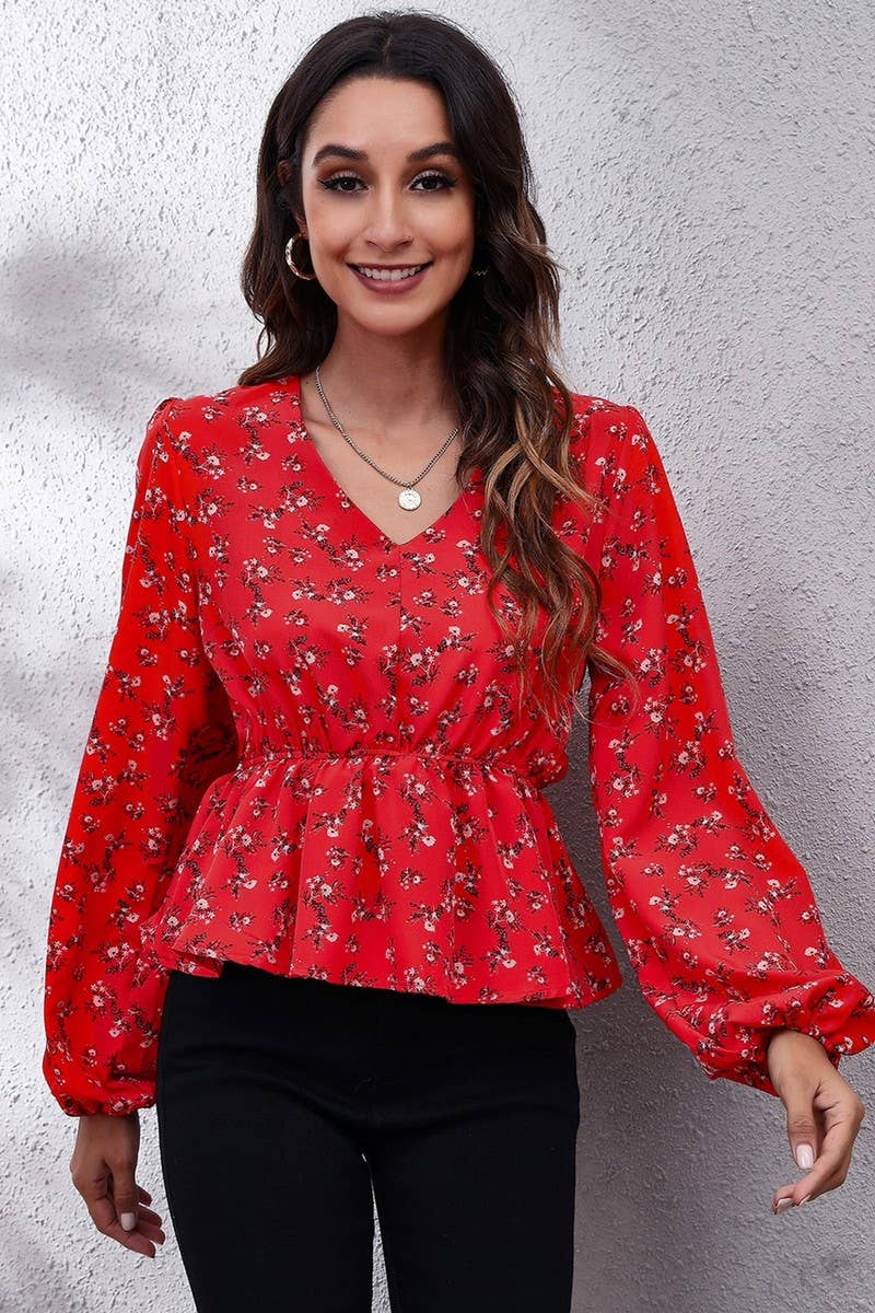 CWTBLL0707_V-Neck Long Sleeve Print Blouse