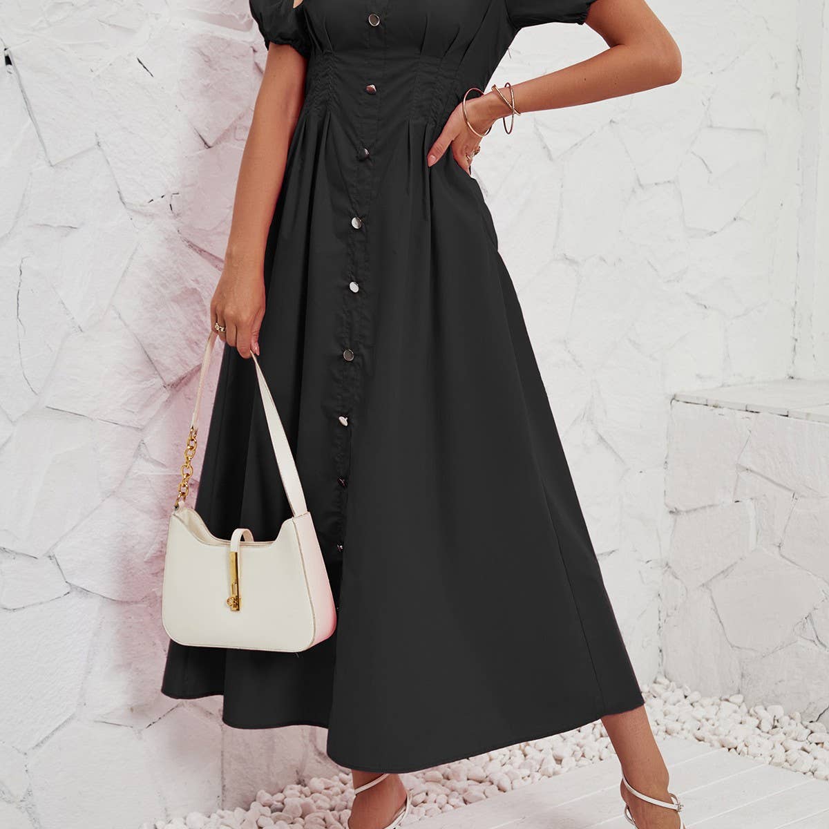 Button-down waist cotton shirt dress