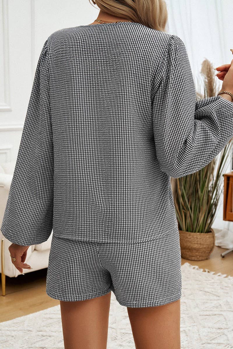 CWSTB0996_PLAID LACE-UP LONG SLEEVE CARDIGAN SHORTS SET