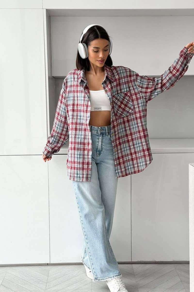 CWTBLL00597_LOOSE RETRO PLAID LONG SLEEVE SHIRT TOP