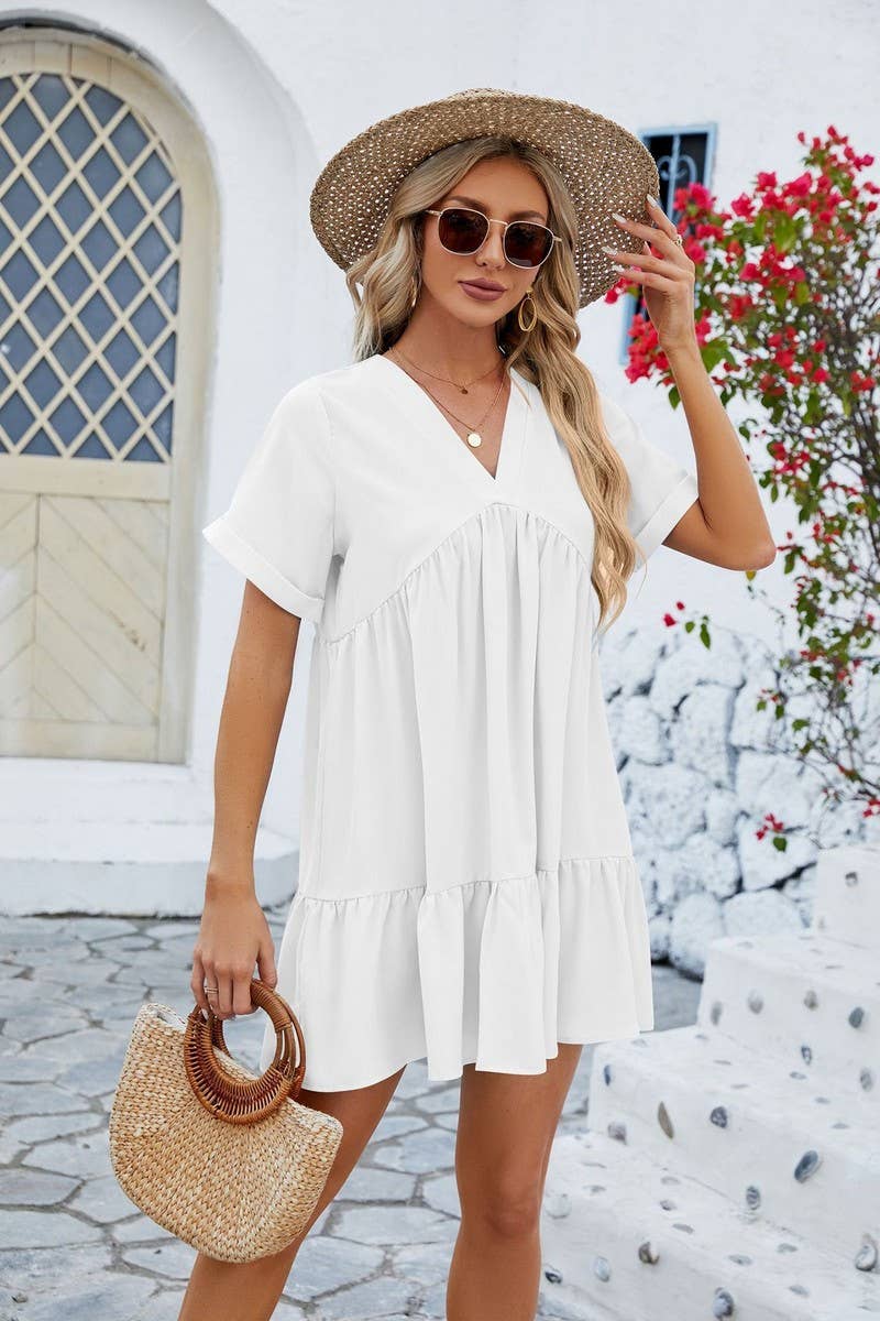 CWDSD3113_V Neck Tiered Short Sleeve Dress