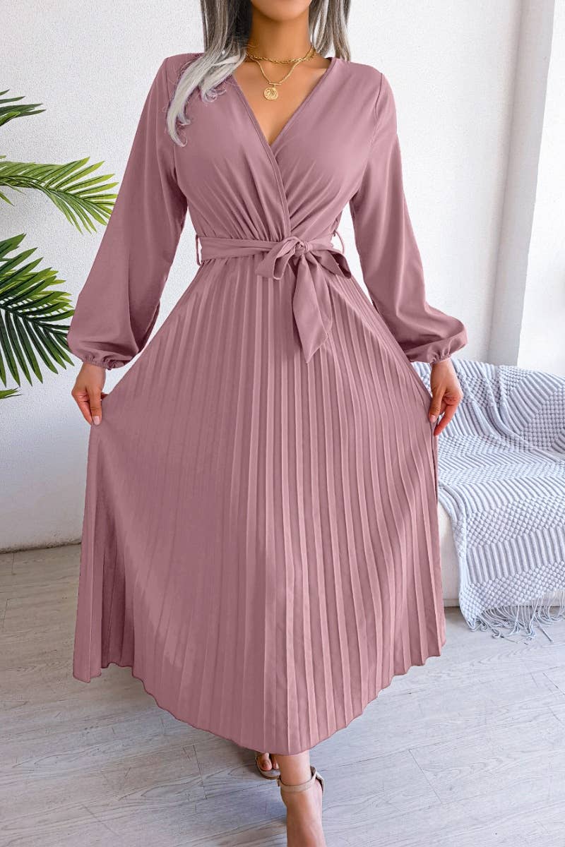 CWDMD3947_CROSS LACE-UP LONG-SLEEVED PLEATED SWING DRESS