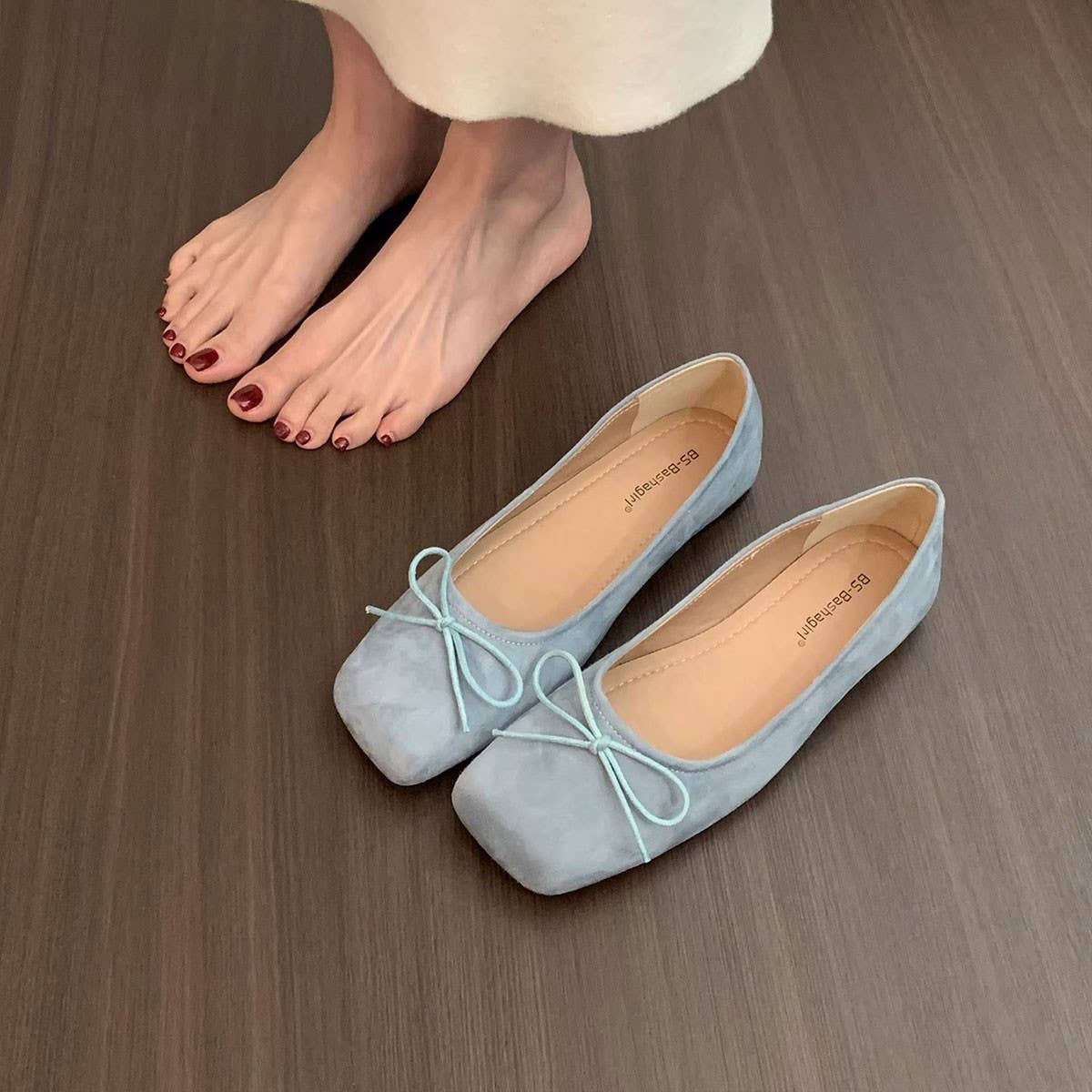 Bow Ballet Flats Soft Red Square Toe Shoes_CWSHF0119