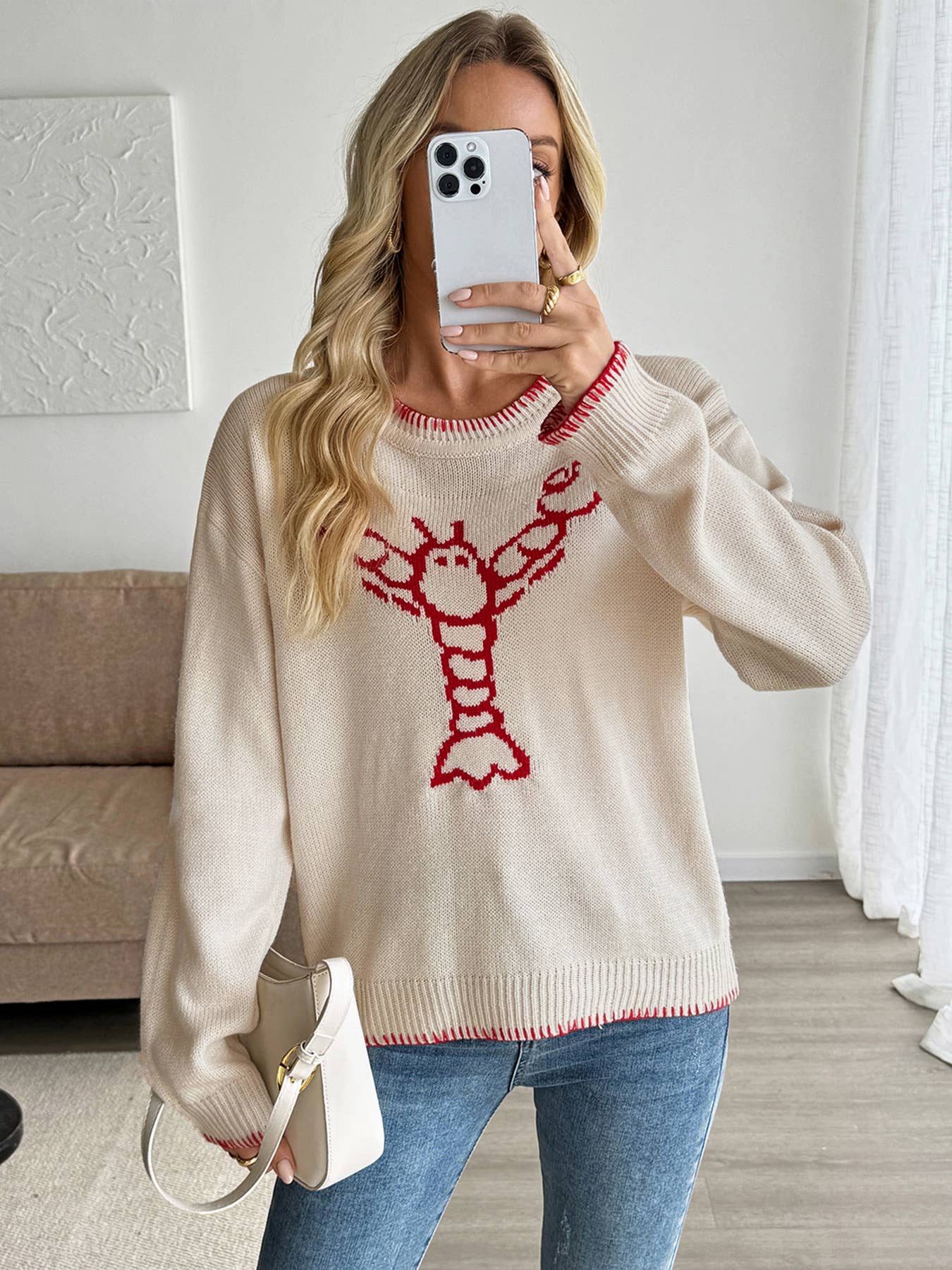 Color-blocking jacquard round-neck sweater