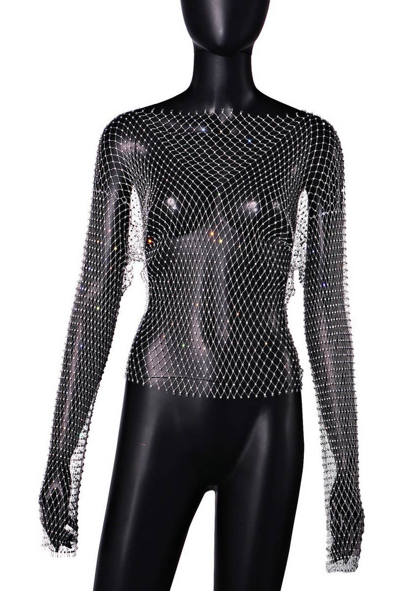 CWTTSL0395_SUMMER GRID DIAMOND BELL SLEEVE TOP