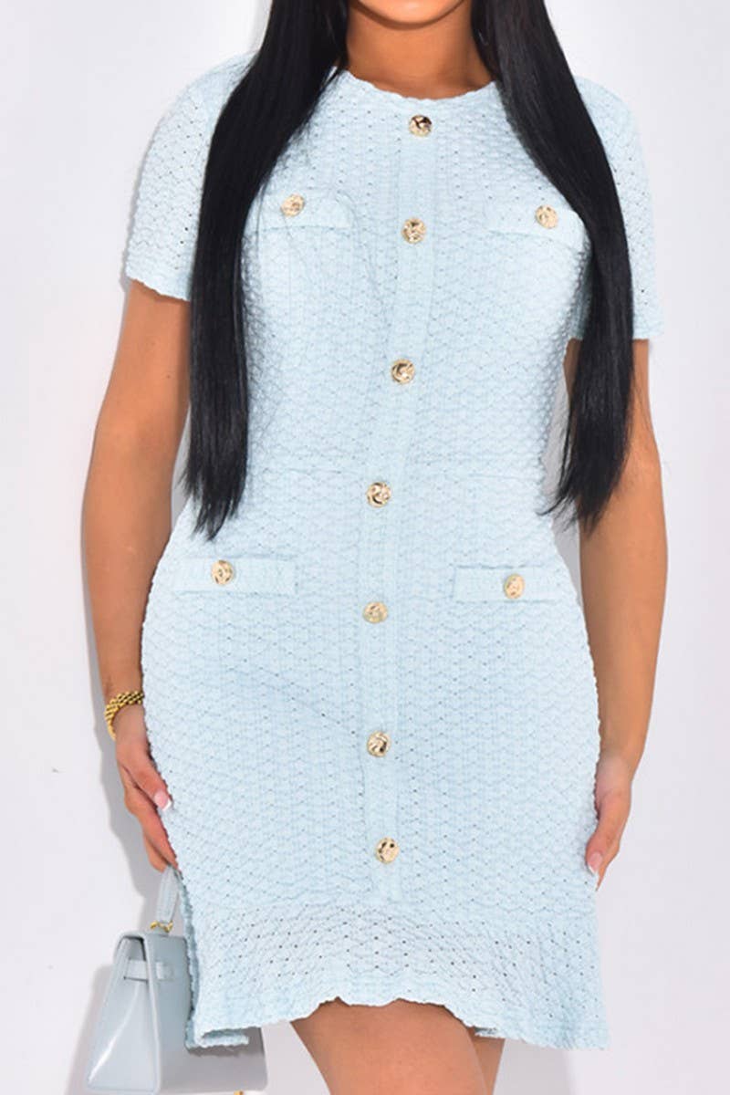 CWDSD10833_SOLID BUTTON FRONT SLIM FIT SHORT SLEEVE DRESS