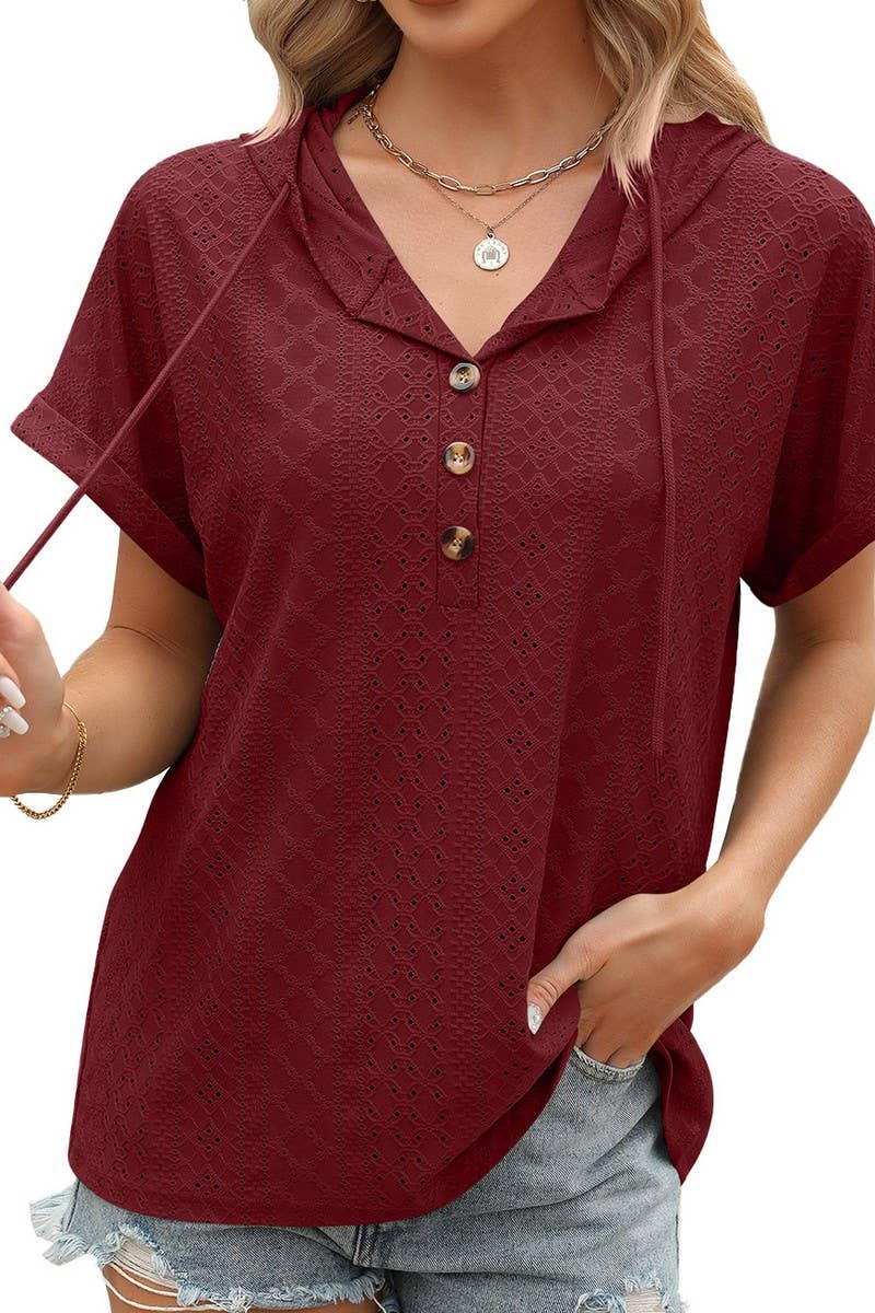 CWTTS1086_SOLID COLOR BUTTONED HOODED DRAWSTRING T-SHIRT