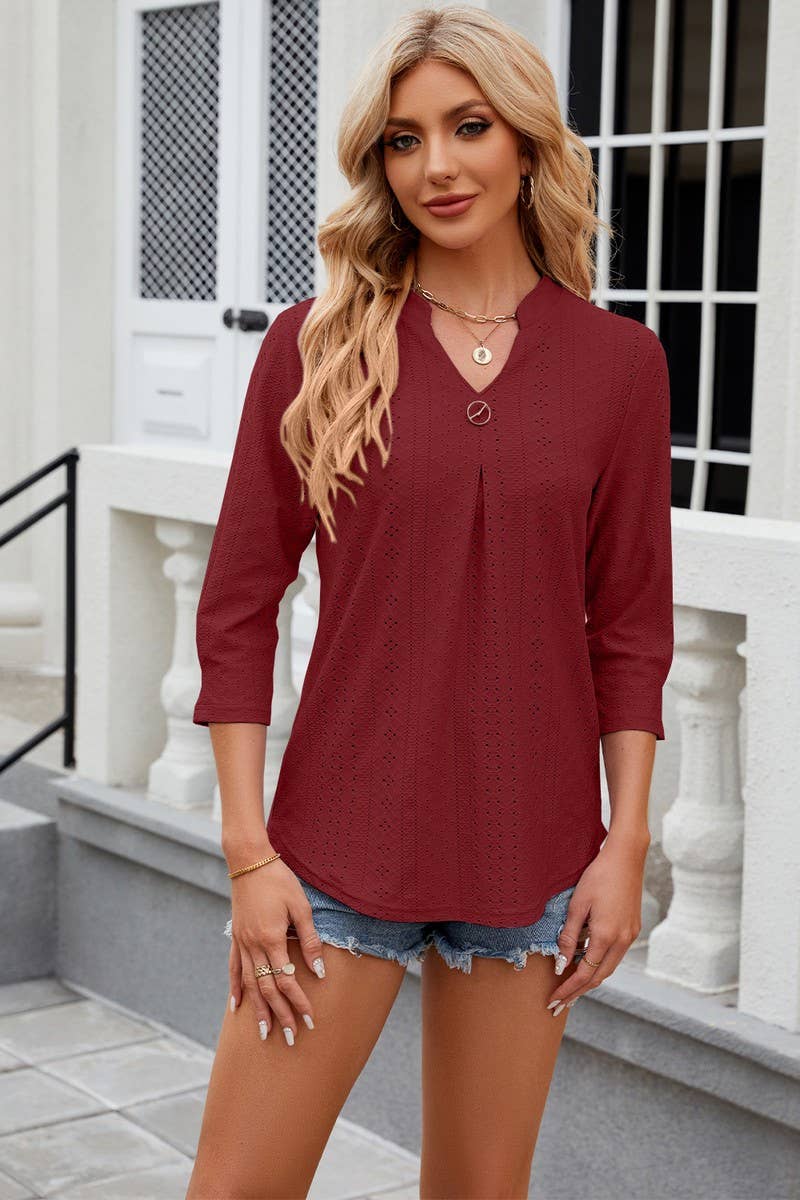 CWTTS0761_3/4 Sleeve V-Neck  Blouse
