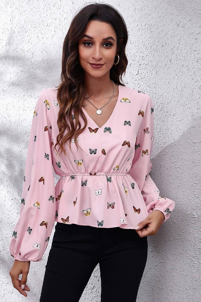 CWTBLL0707_V-Neck Long Sleeve Print Blouse