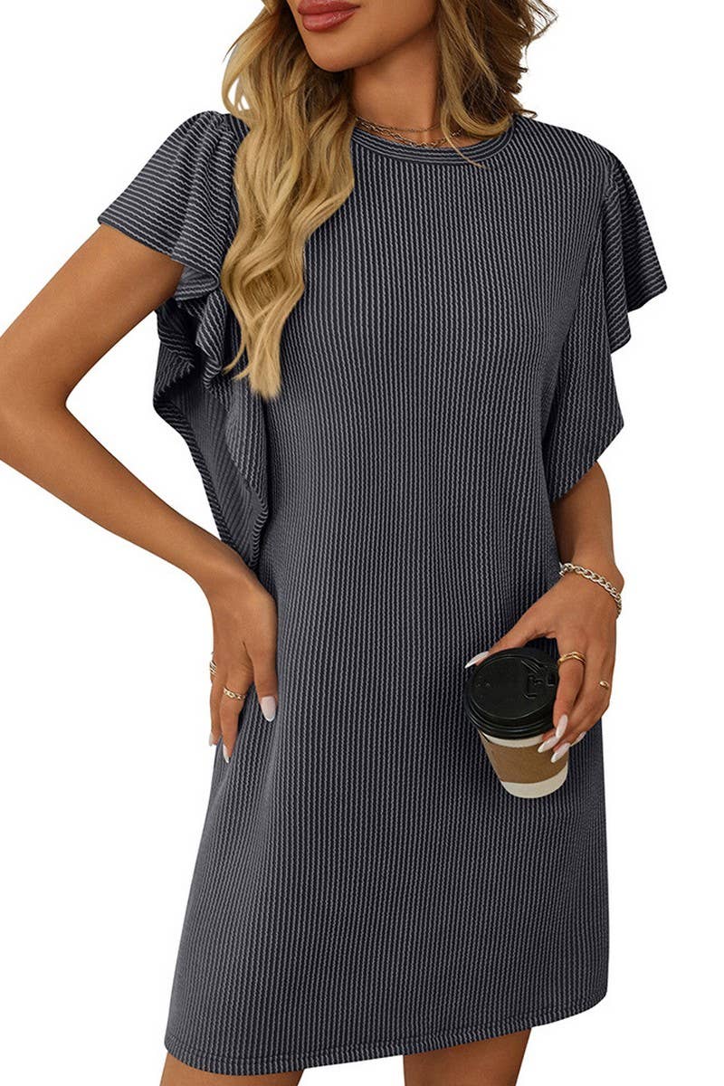 CWDSD7253_CONTRAST COLOR TWISTED RUFFLE SLEEVE MIDI DRESS