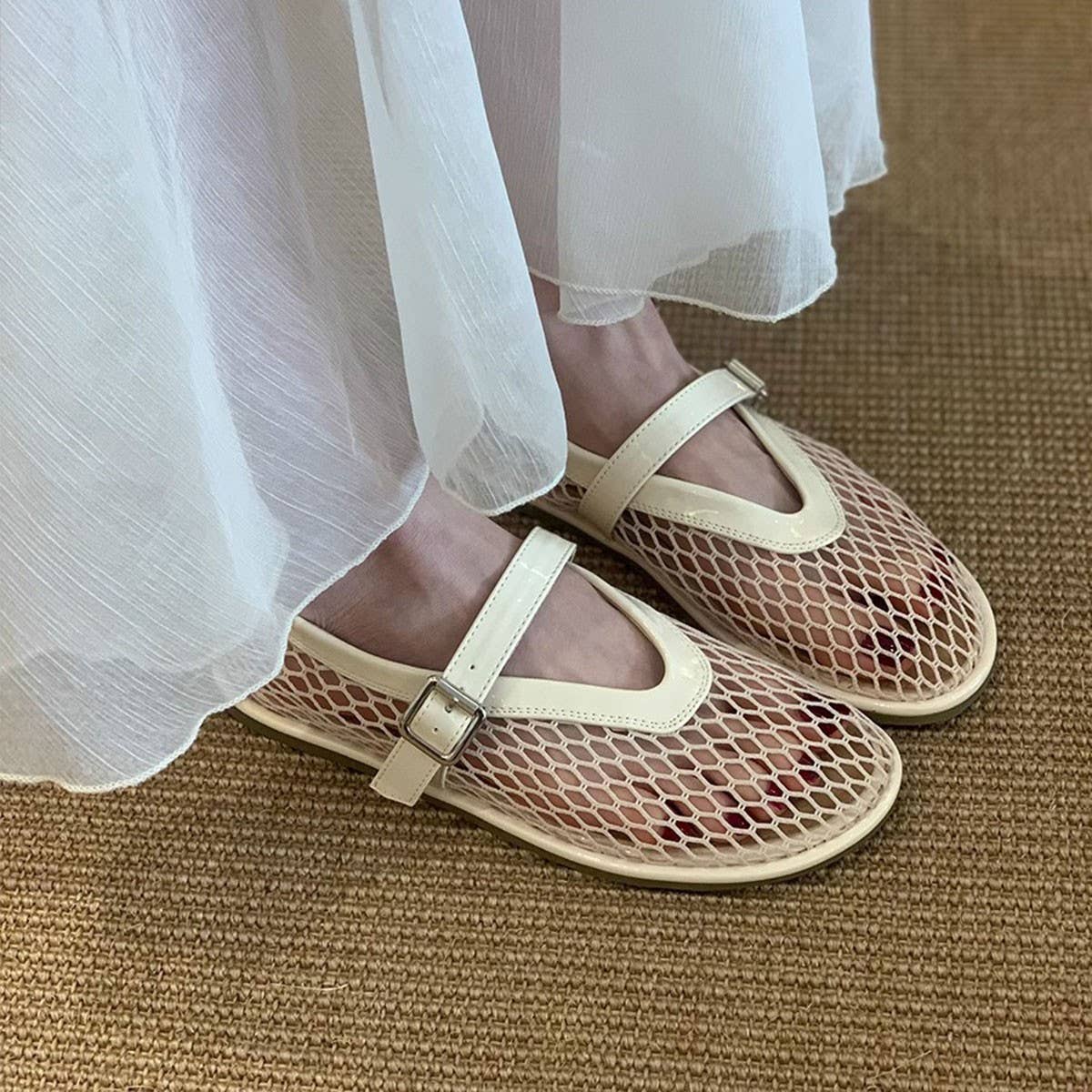 Flat Round Toe Mesh Mary Jane Ballet Sandals