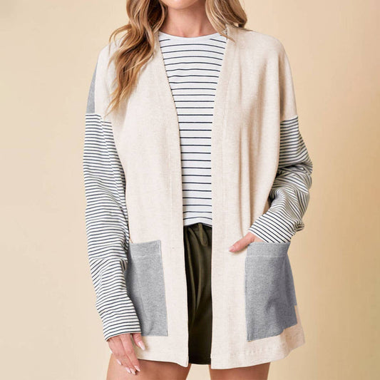 CASUAL STYLE MATCHING STRIPE BUTTON-DOWN CARDIGAN