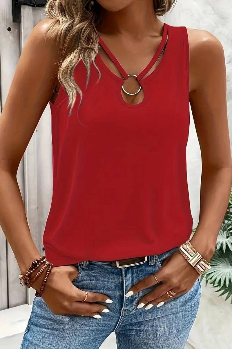 CWTBLSL0906_SOLID CROSS-STRAP TANK TOP WITH METAL BUCKLE