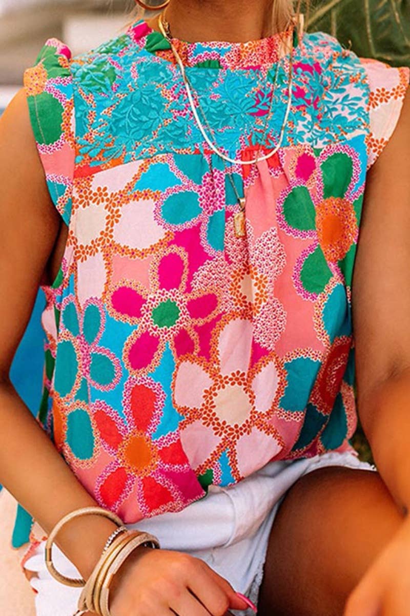 CWTBLSL0525_CREW-NECK RUFFLED SLEEVELESS PRINTED TANK TOP