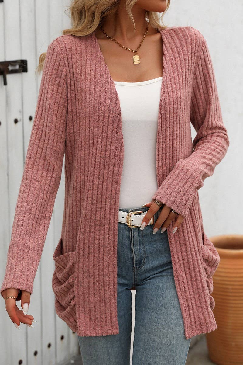CWOCAL1308_SOLID COLOR RIBBED POCKET LONG SLEEVE CARDIGAN
