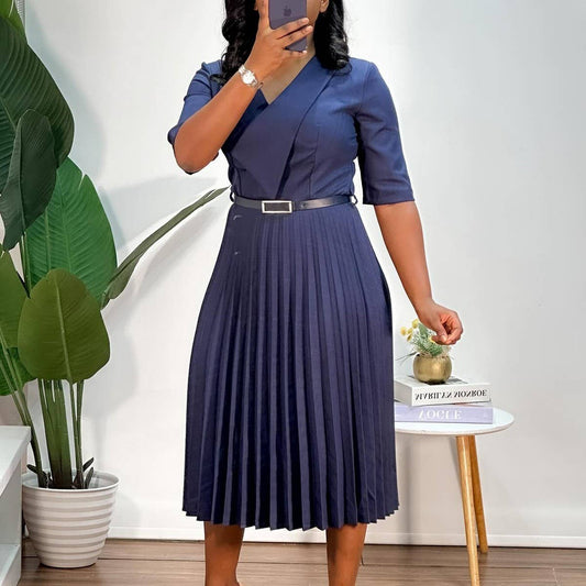 SOLID COLOR V-NECK FASHIONABLE PLEATED DRESS_CWDMD3717