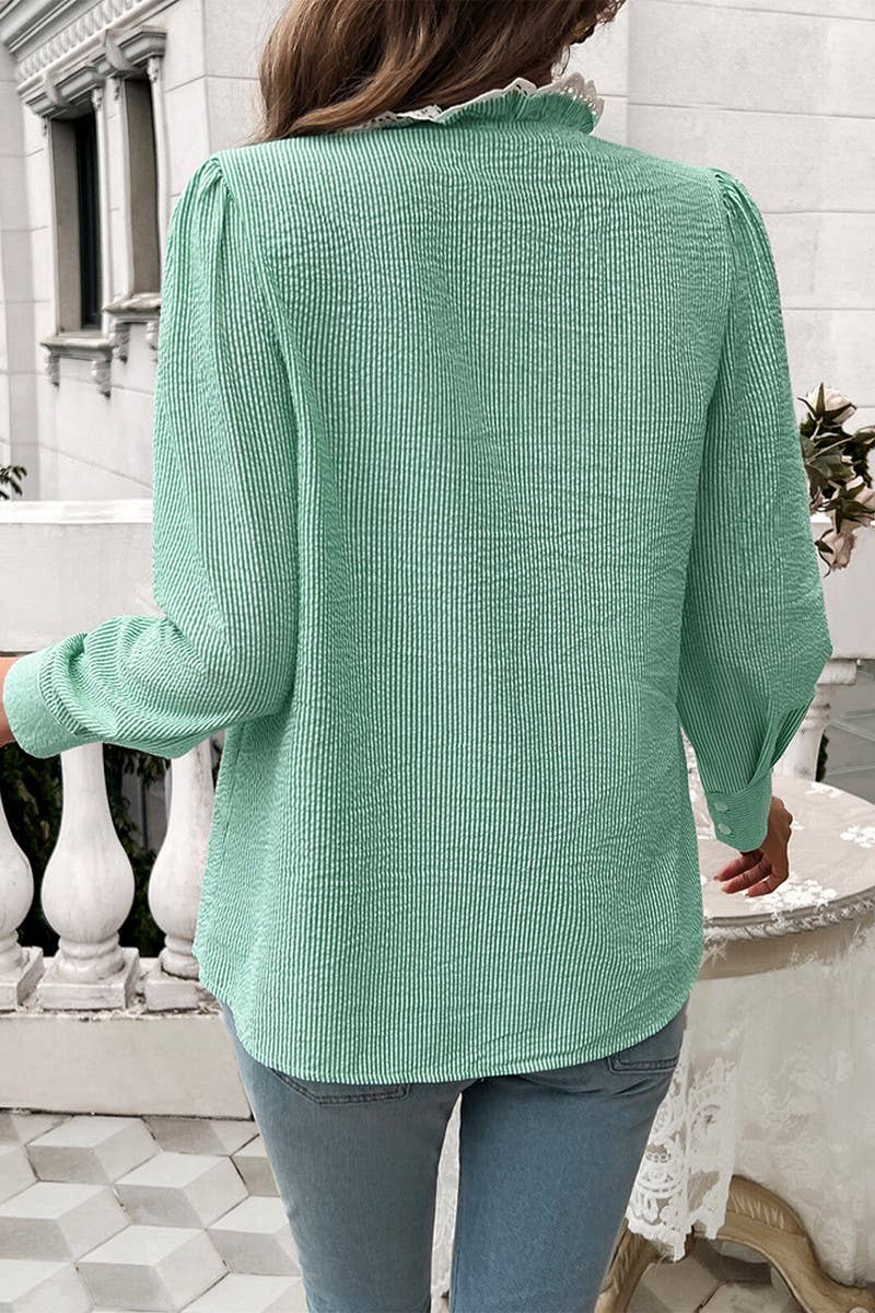 CWTSTL1211_TEMPERAMENT STRIPED LACE LONG-SLEEVED SHIRT