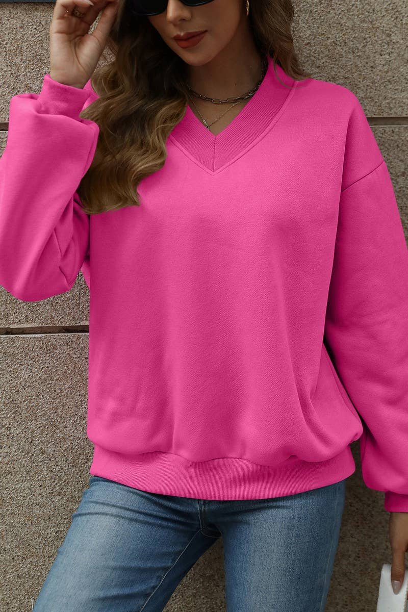 CWTBLL4011_SOLID V-NECK FLEECE LINED LOOSE FIT SWEATSHIRT