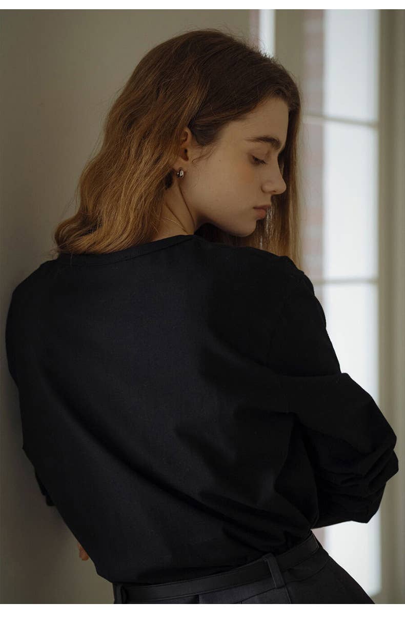 Cotton round-neck off-the-shoulder sleeve shirt