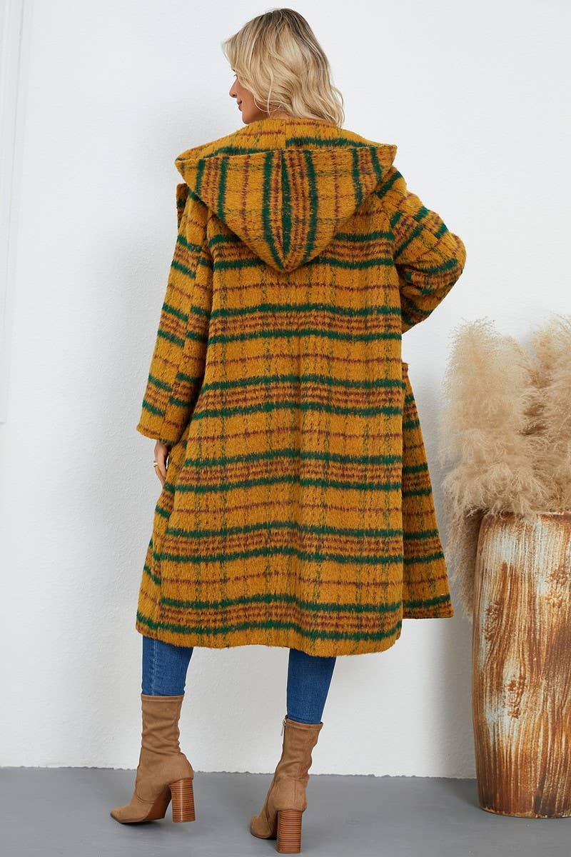 CWOCO0940_HORN BUTTON PLAID HOODED WOOLEN LONG COAT