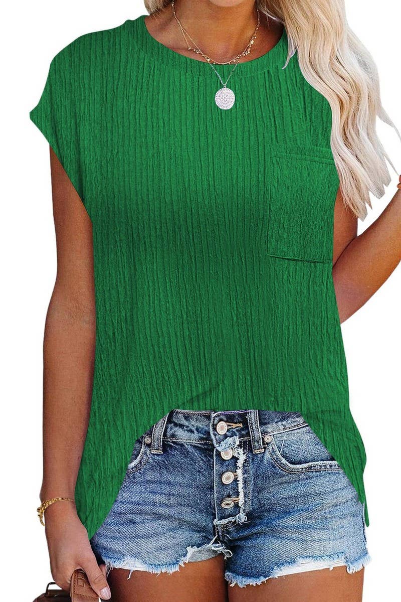 CWTBLS1603_ROUND NECK SOLID COLOR POCKET SHORT SLEEVE TOP