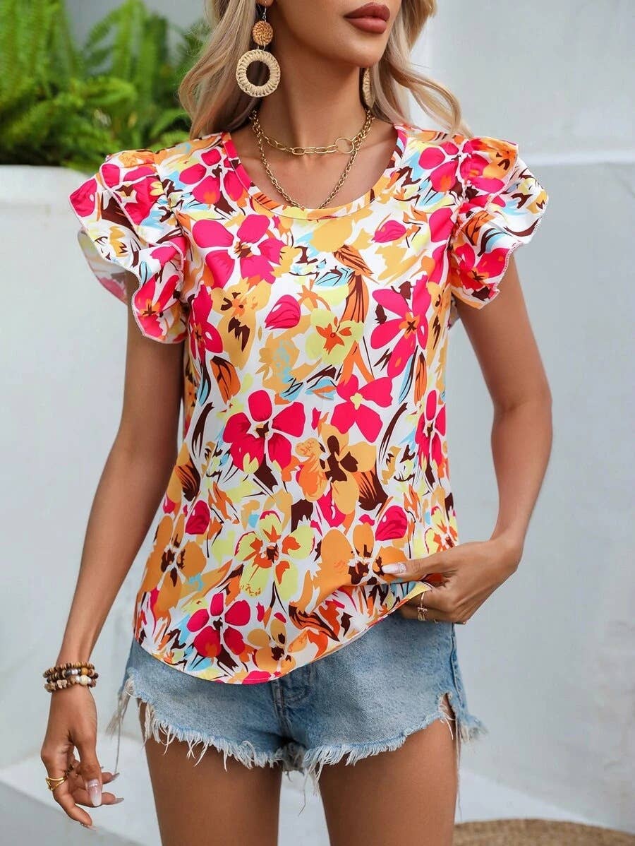 FLORAL DOUBLE-LAYER FLYING SHORT-SLEEVED SHIRT