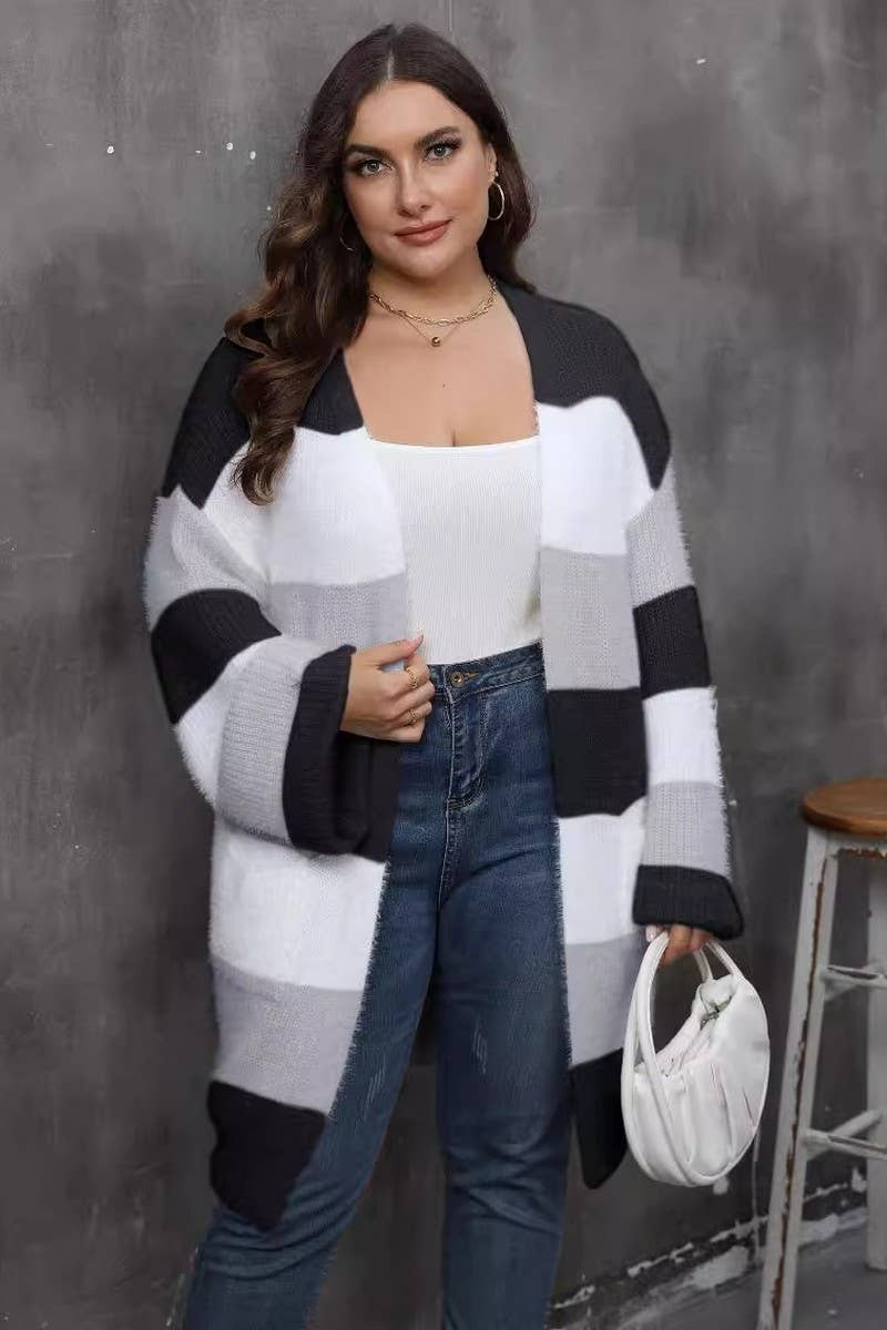 CWOSWL07397_PLUS SIZE COLOR BLOCK STRIPED KNIT CARDIGAN