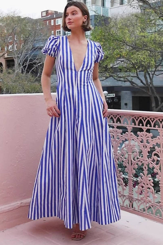 CWDMD6316_LOW-CUT V-NECK STRIPED PUFF SLEEVE SWING DRESS