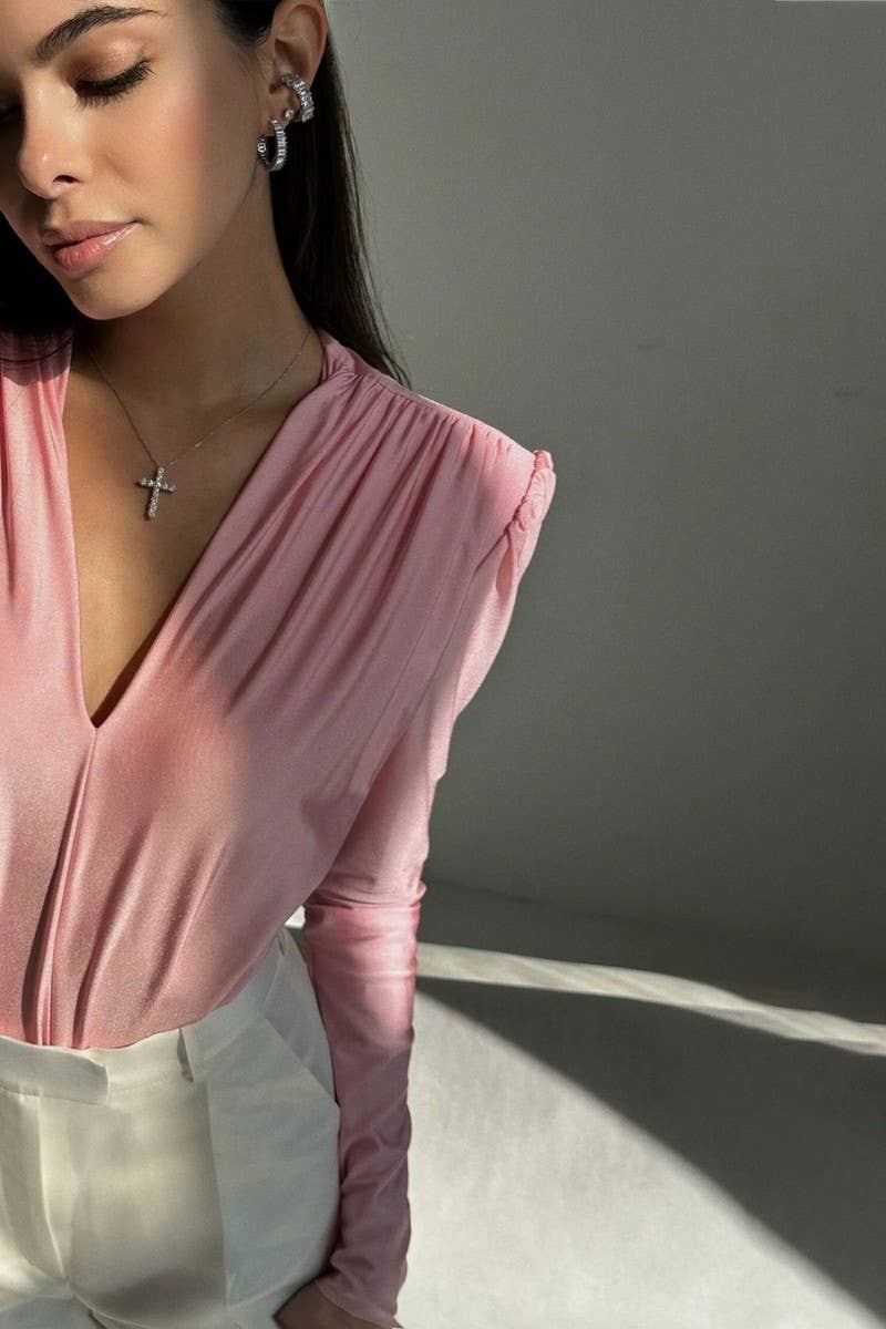 CWSBSL0110_SOLID DEEP V NECK PLEATED LONG SLEEVE BODYSUIT