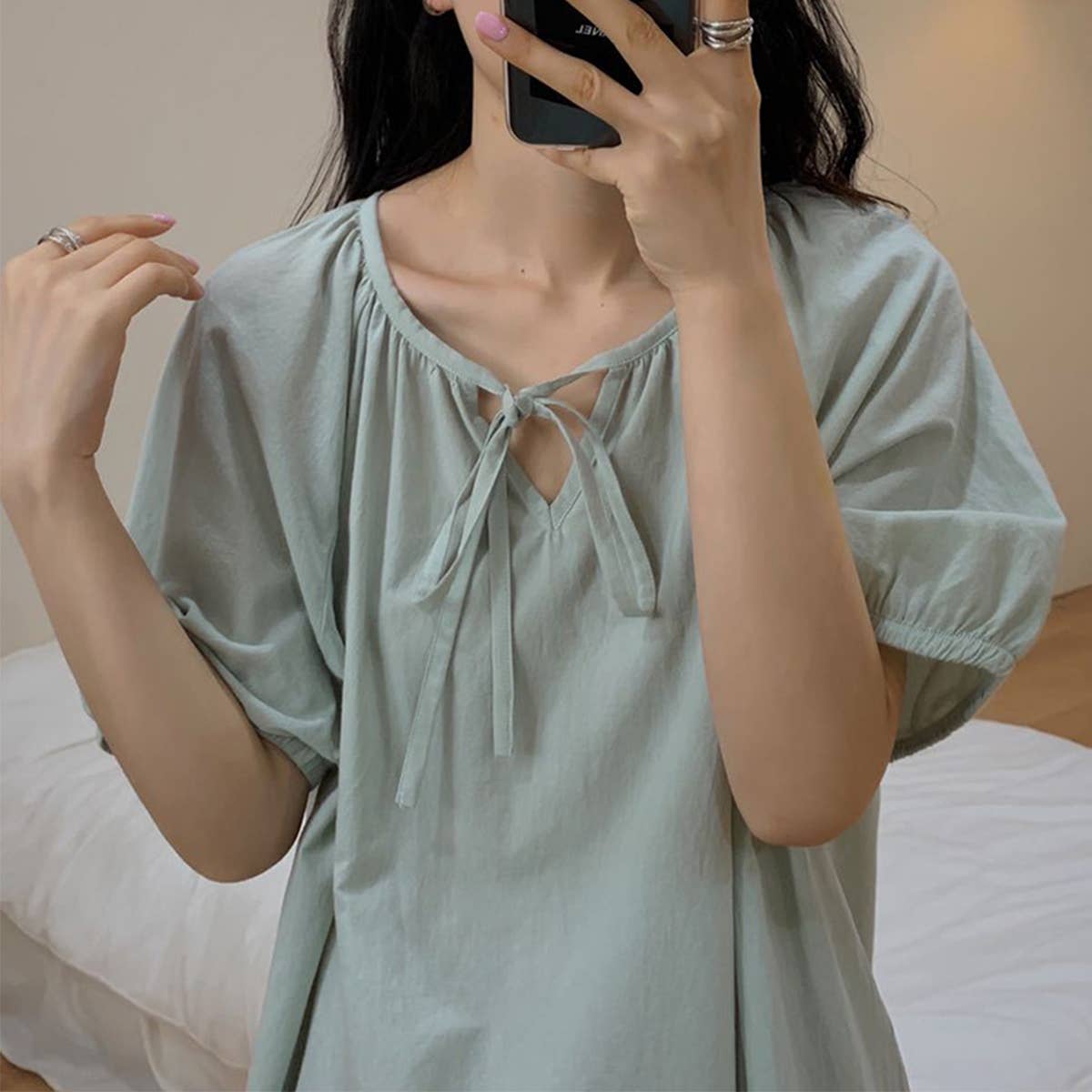 COTTON LACE DESIGN PUFFY SLEEVE DRESS